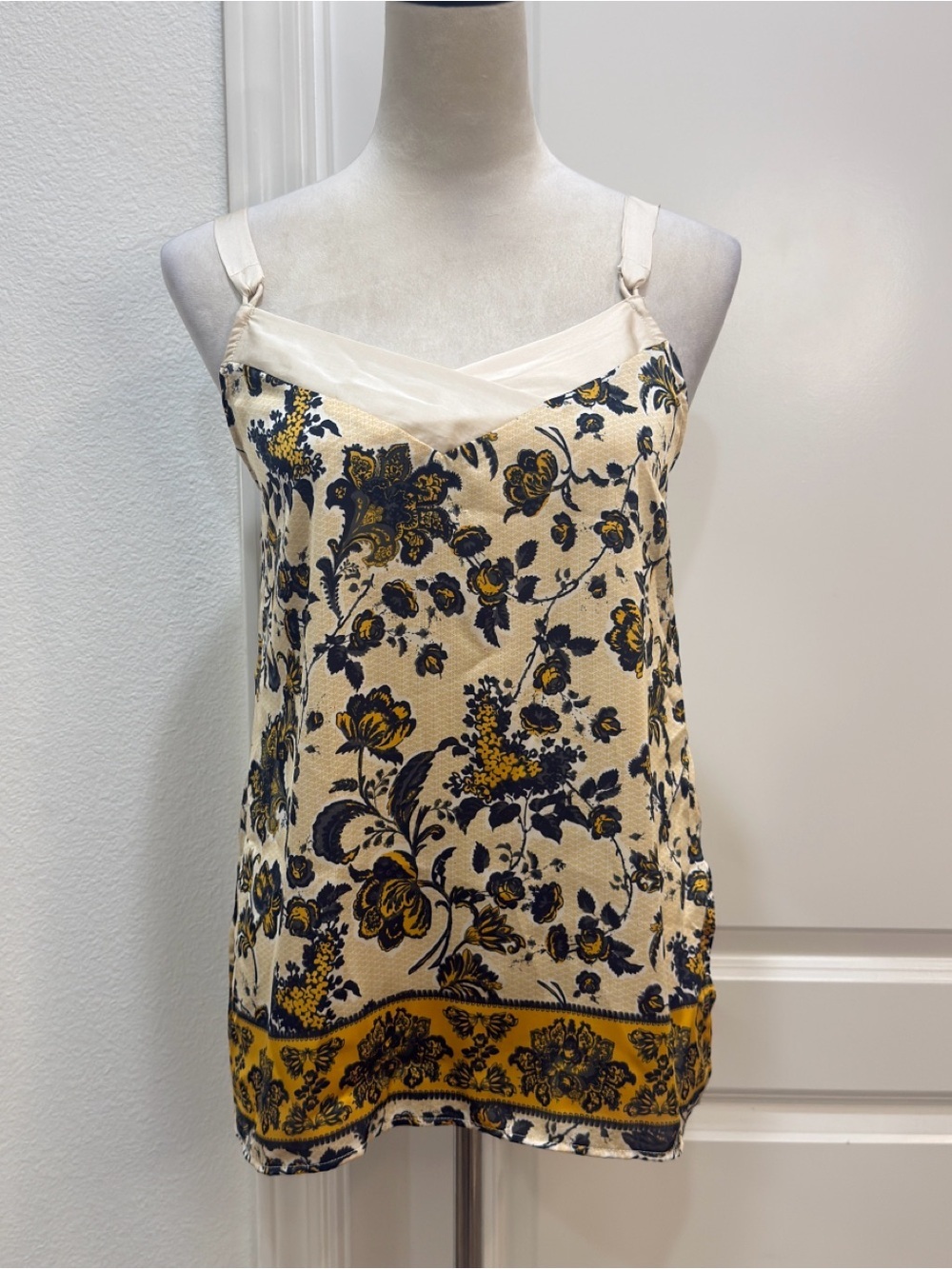 Intimately Free People Ivory Floral V-Neck Camisole with Navy and Mustard Border
